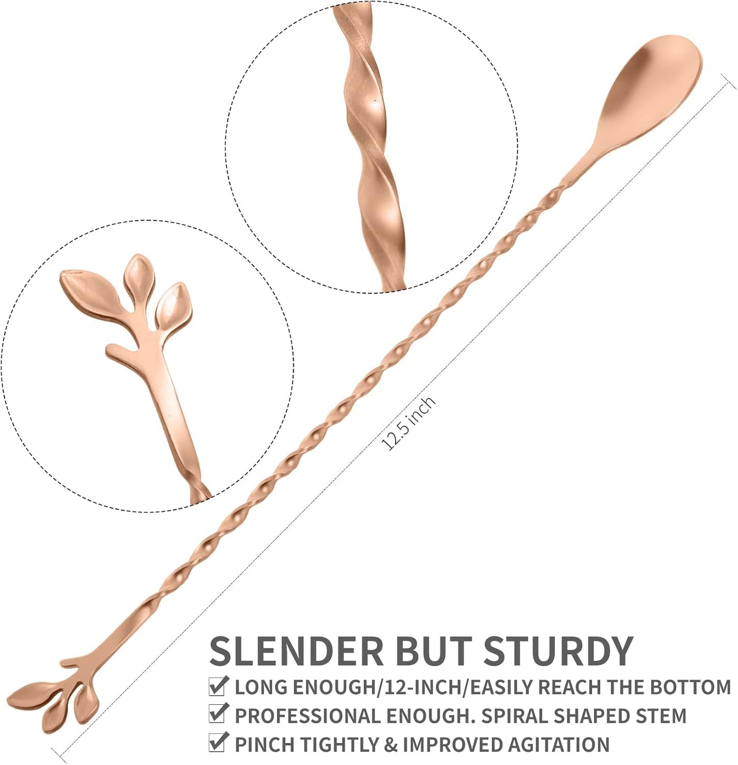 AnSaw Rose Gold 12-Inch Stainless Steel Cocktail Spoon with Leaf Handle - Perfect for Mixing & Layering Drinks in Tall Cups, Bar & Shakers - Durable Long Handle Bar Stirrer,2-Pieces