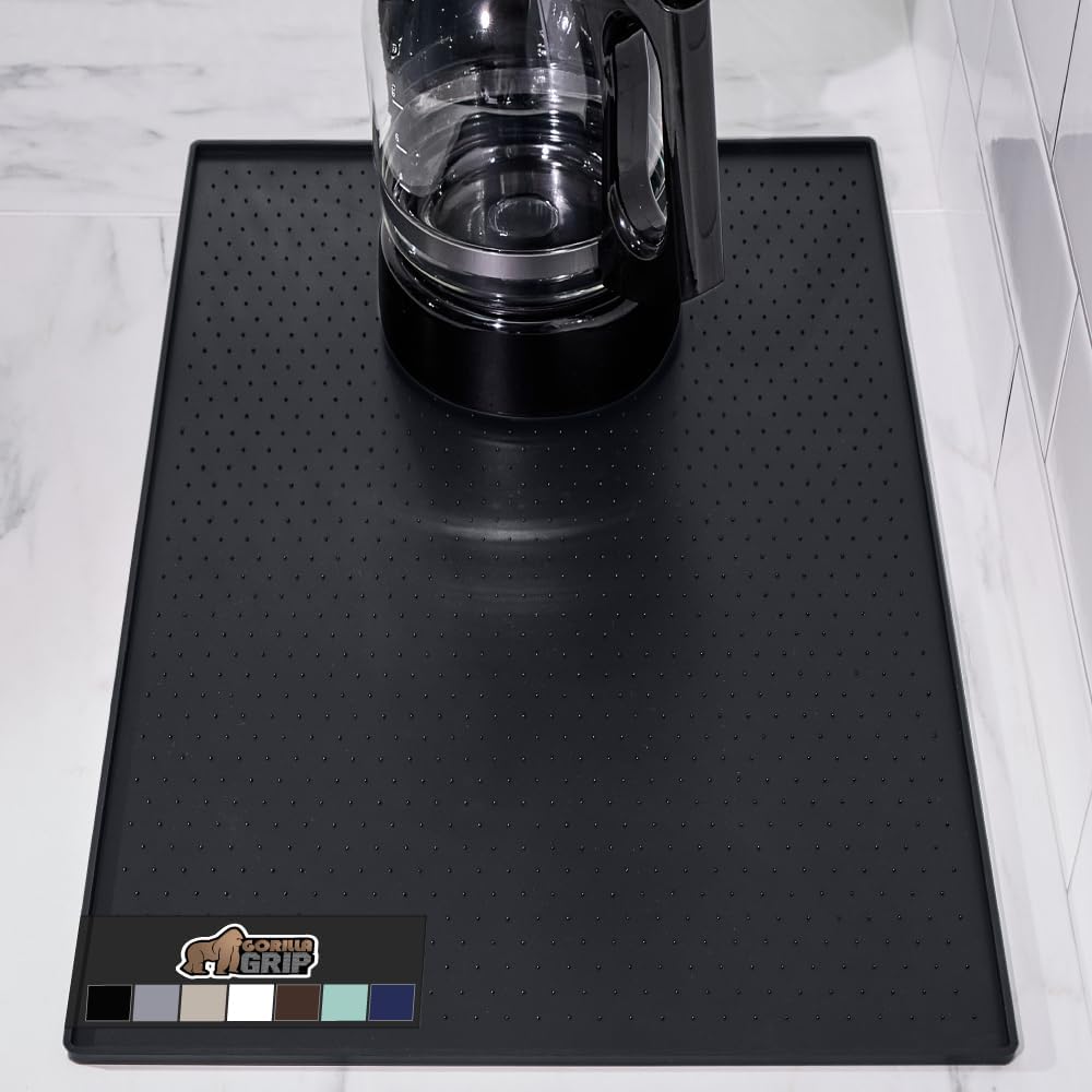 GORILLA GRIP Silicone Coffee Mat, Espresso Drink Bar Station Accessories, Use Under Machine, Waterproof Heat Resistant Multi-Use Dish Drying Mats, Stays in Place, Kitchen Home Decor, 11.5x18.5, Black