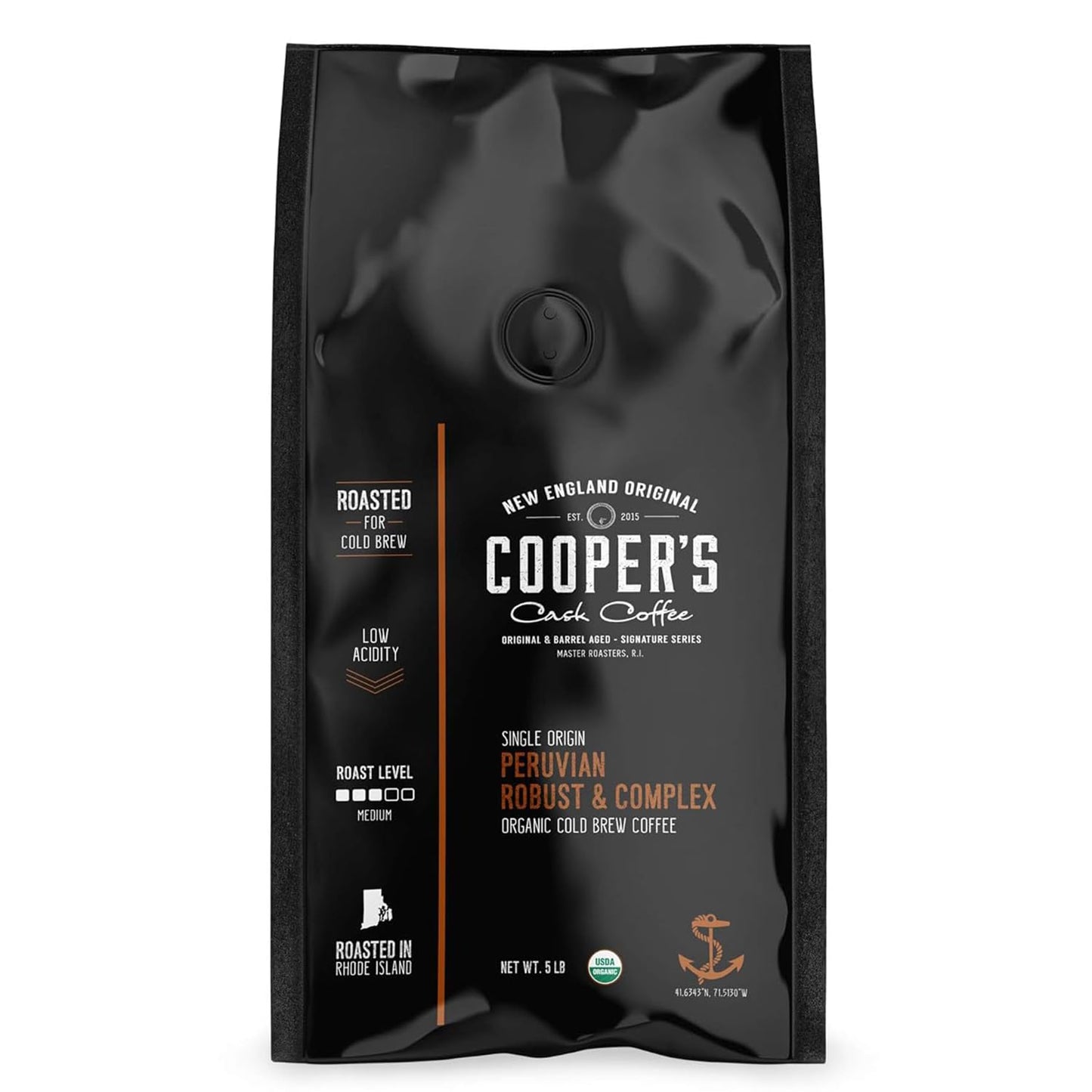 Organic Cold Brew Coffee Peru Reserve Single Origin Peruvian Coarsely Whole Bean - 5 lb. Bag - Medium Roast