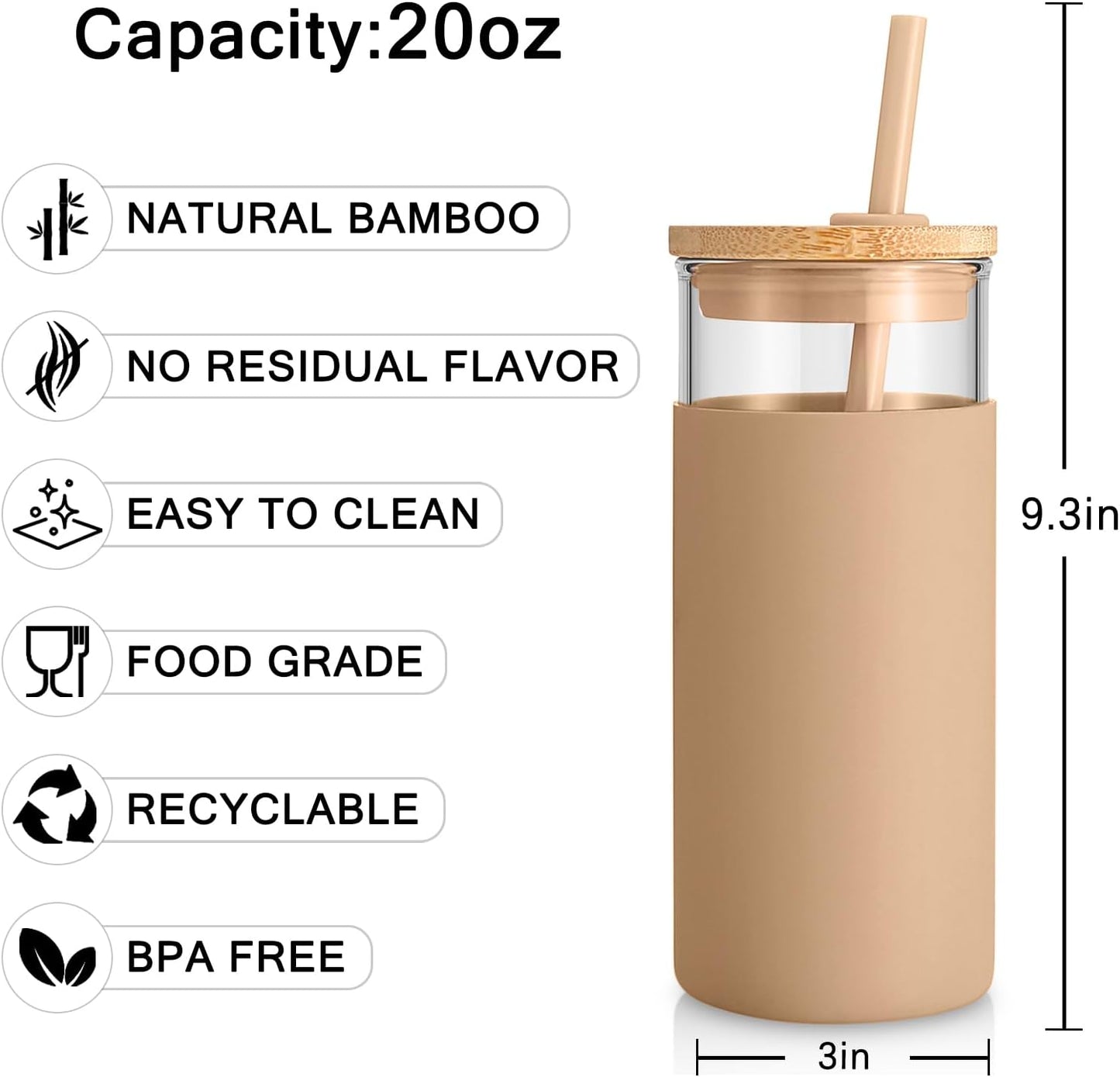 Tronco 20 oz Glass Tumbler Glass Water Bottle Straw Silicone Protective Sleeve Bamboo Lid - BPA Free (Terrazzo Blush)