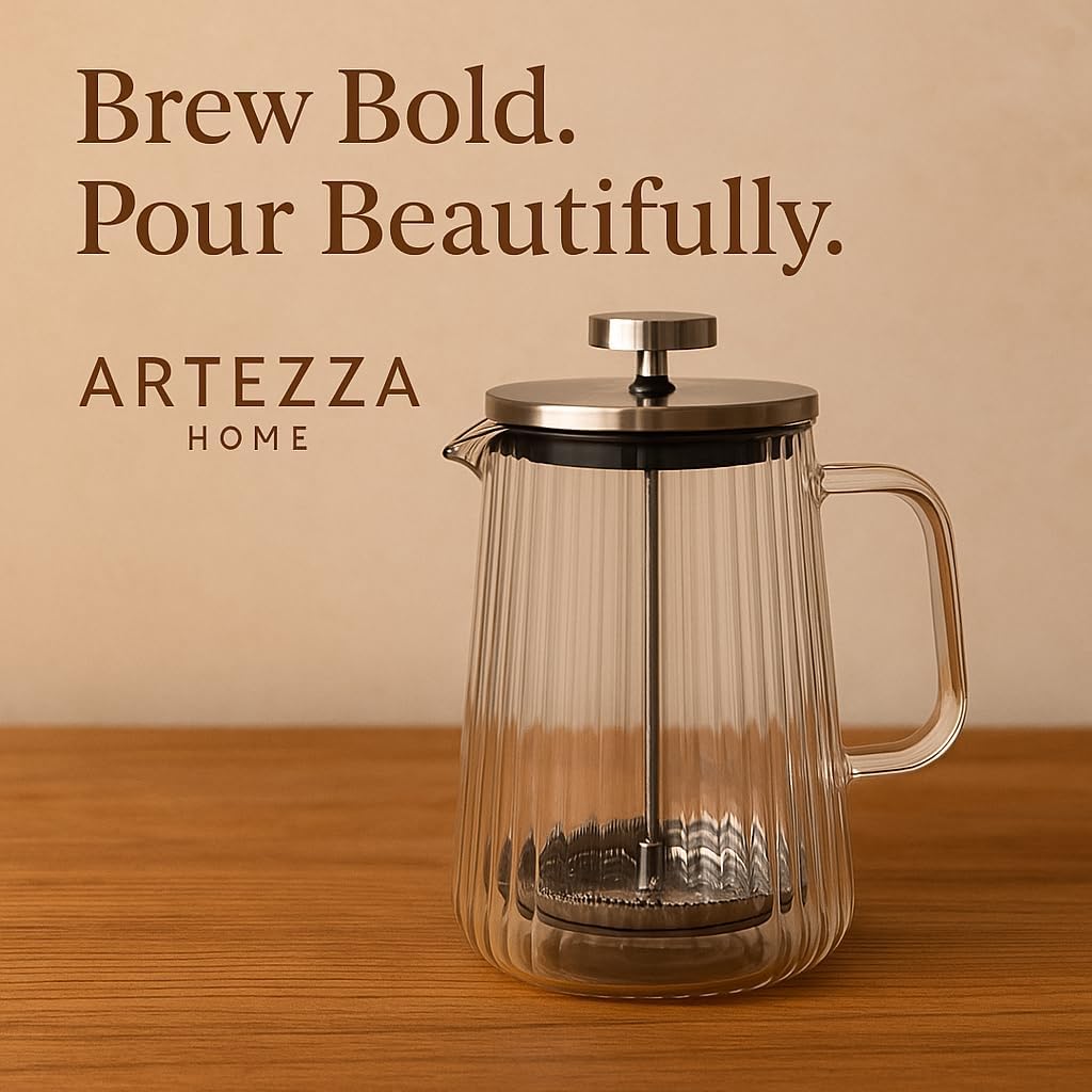 French Press Coffee Maker – 650ml (22oz) | Double-Wall Borosilicate Glass - Makes 4–5 Cups (1Cup = 4oz or 118ml) | Ribbed Manual Brewer with Stainless Steel Mesh Filter for Coffee & Tea