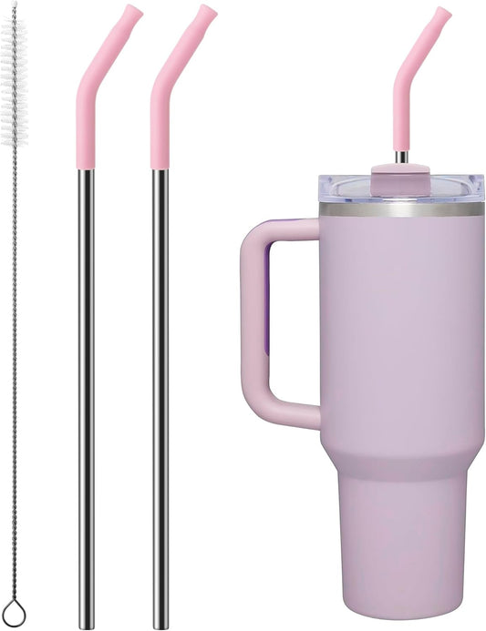 Repeatable Metal Straw with Silicone Tips for 30 oz Stanley Tumbler, 2 Pcs 30 oz Stainless Steel Straws Replacement for Stanley Tumbler, 1 Straw Brush, BPA Free（Mallow Purple）