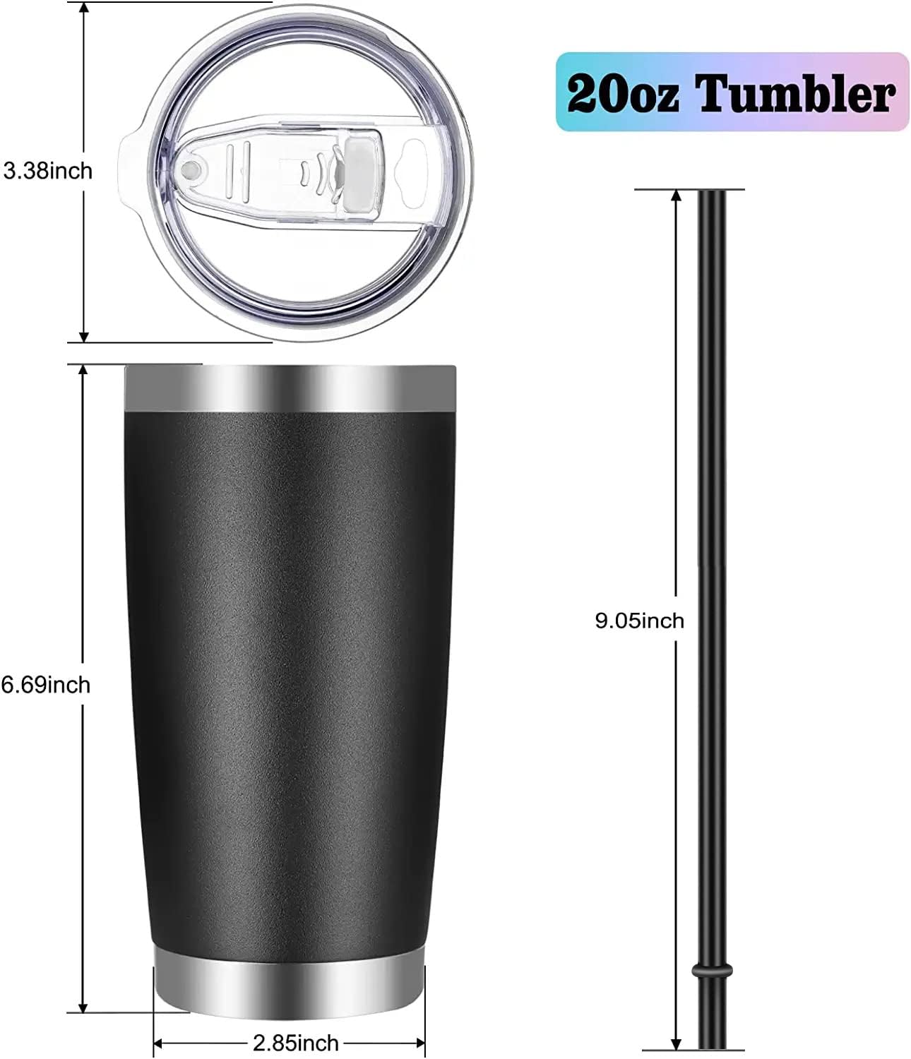 VEGOND 20oz Tumbler with Lid and Straw Stainless Steel Tumbler Cup Bulk Vacuum Insulated Double Wall Travel Coffee Mug Powder Coated Coffee Cup(Black 6 Pack