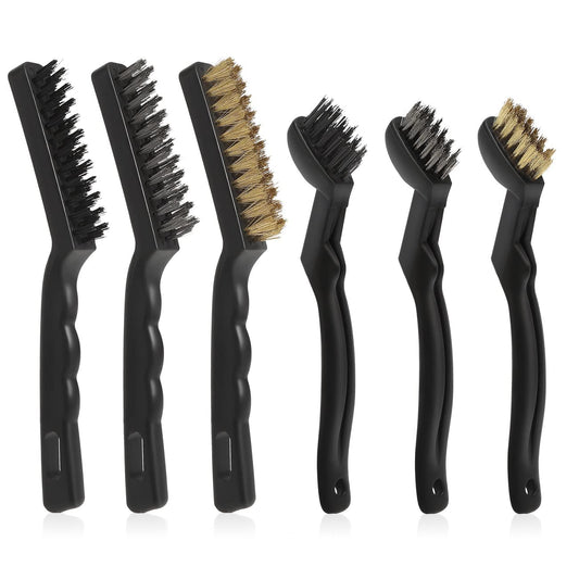 Wire Brushes Pack of 6. for Cleaning Welding Slag, Rust and Dust. 9" and 6-3/4" Brass, Nylon, Stainless Steel Brushes with Rigid Handle