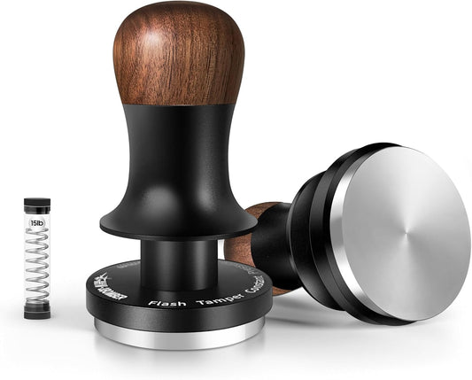 MHW-3BOMBER 58.5mm Espresso Tamper - 3 Spring Loaded Coffee Tamper with Sound Feedback - Barista Tamper Tool Espresso with 15lb / 30lbs Replacement Springs - Walnut Handle SUS304 Flat Base T7067F-OS