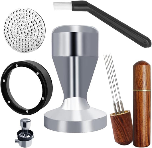 51mm Espresso Tamper Set, 5PCS Coffee Tamper Kit with WDT Tool, Coffee Stirrer, Dosing Funnel, Puck Screen 51mm Espresso Accessories Tampers Kit (Silver)