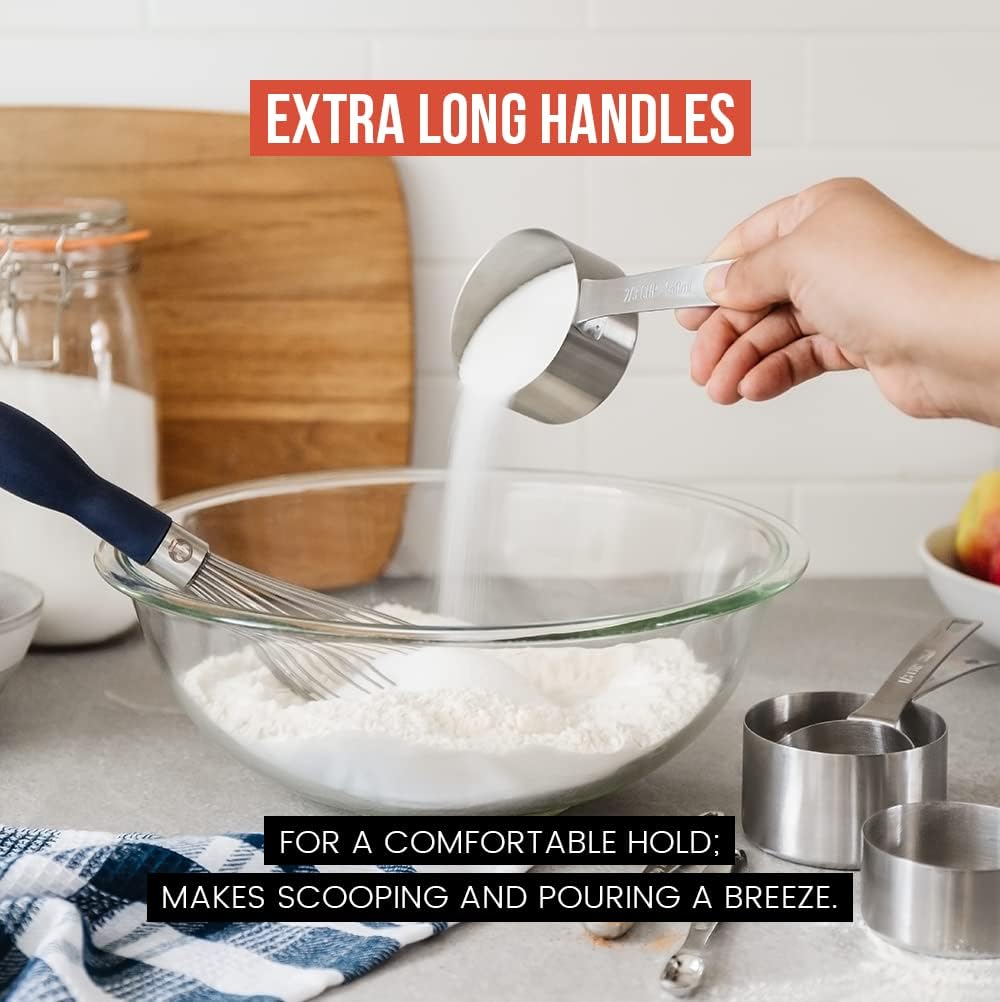 Chef Pomodoro Stainless Steel Measuring Cup Set, Nested and Stackable with 7 Pieces, Sturdy Extra-long Handles with Lasered Markings and Sorting Ring, Metal Kitchen Spoons for Wet and Dry Ingredients