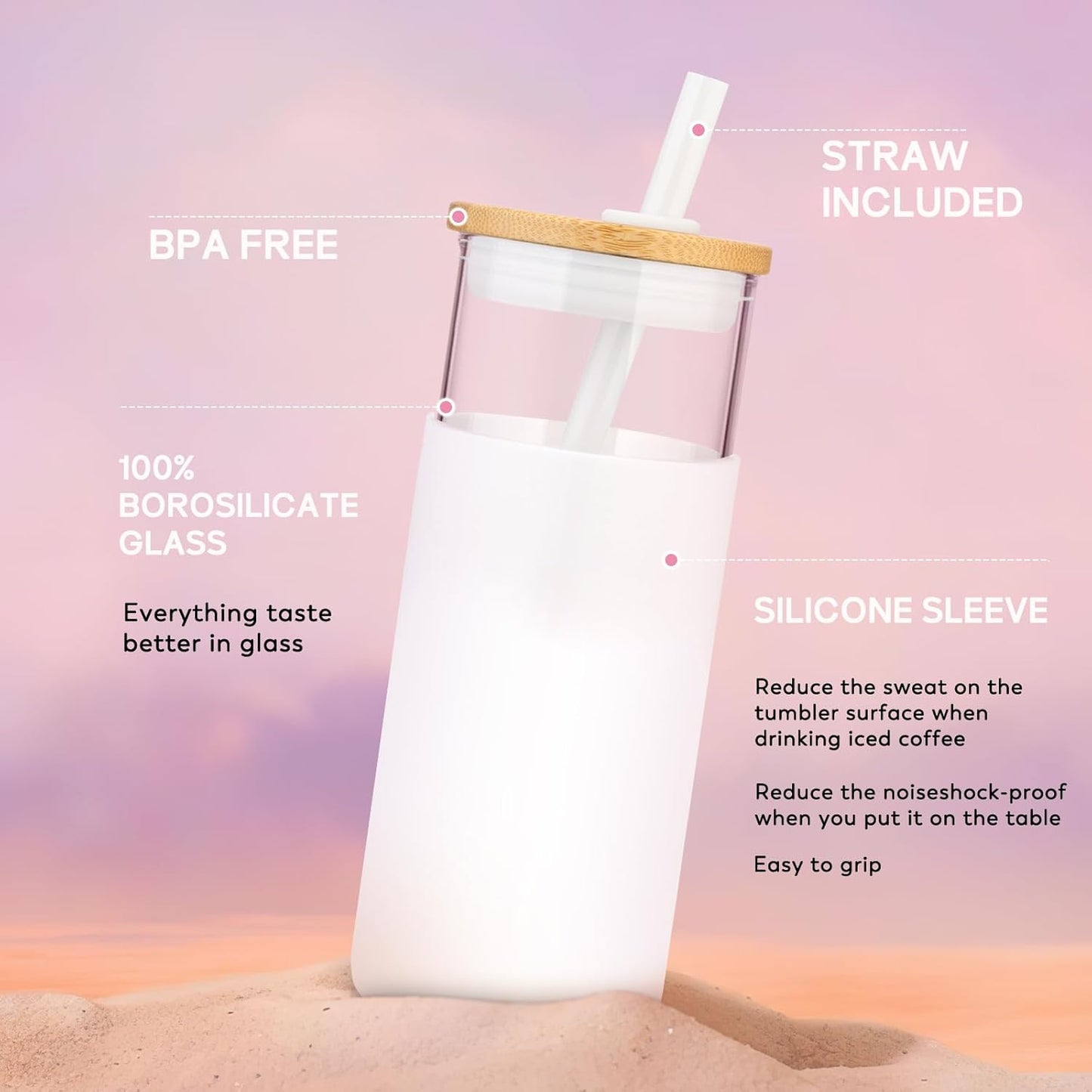 Tronco 20 oz Glass Tumbler with Straw and Lid- Glass Cup with Lid and Straw, Iced Coffee Cup Reusable, Smoothie Cups, Bamboo Lid and Protective Silicone Sleeve - BPA-Free