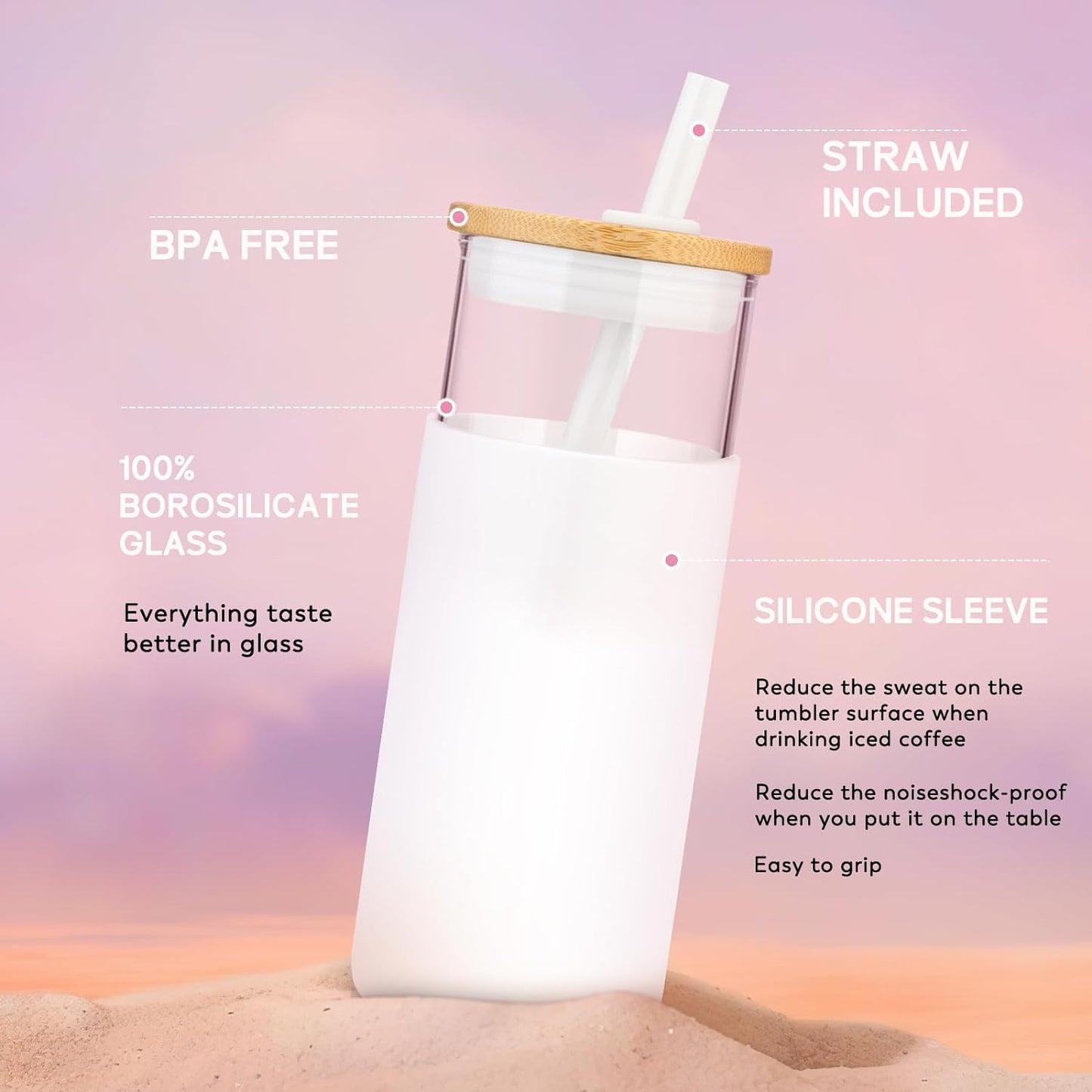 Tronco 20 oz Glass Tumbler with Straw and Lid- Glass Cup with Lid and Straw, Iced Coffee Cup Reusable, Smoothie Cups, Bamboo Lid and Protective Silicone Sleeve - BPA-Free