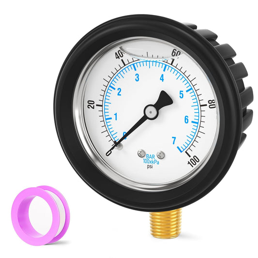 0-100PSI Stainless Steel Liquid Filled Pressure Gauge, 2.5" Dial Size, 1/4" NPT Lower Mount, with Rubber Protective Sleeve, for Tube, Water Pump, Gas, Liquid, Pressure Test