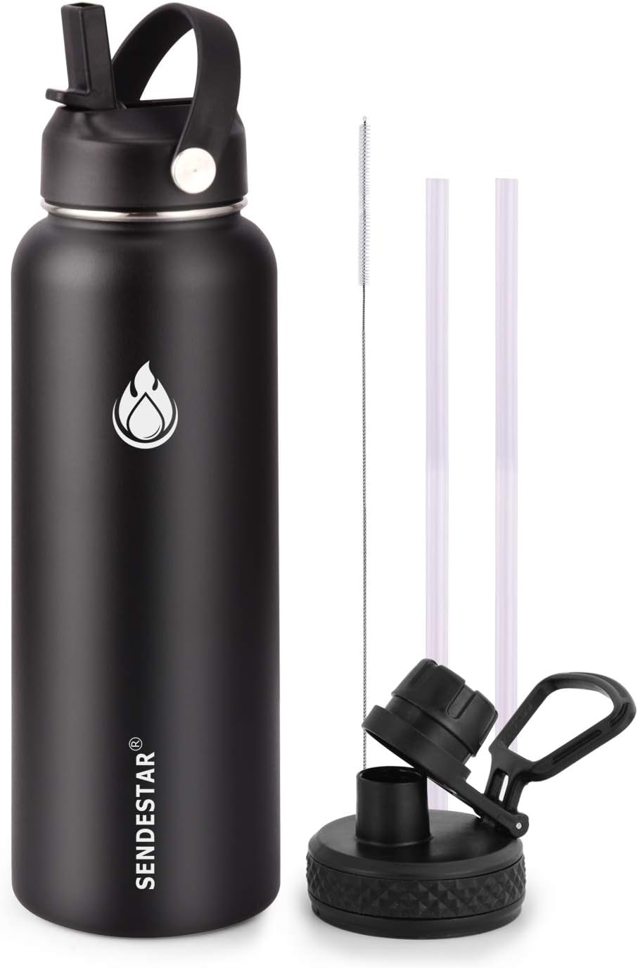 SENDESTAR Stainless Steel Water Bottle, Wide Mouth 32 oz Water Bottle with Straw Lid, Spout Lid, Double Wall Vacuum Insulated Leak Proof, Keeps Liquids Hot or Cold (Black)