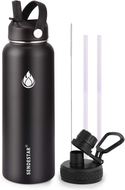 SENDESTAR Stainless Steel Water Bottle, Wide Mouth 32 oz Water Bottle with Straw Lid, Spout Lid, Double Wall Vacuum Insulated Leak Proof, Keeps Liquids Hot or Cold (Black)