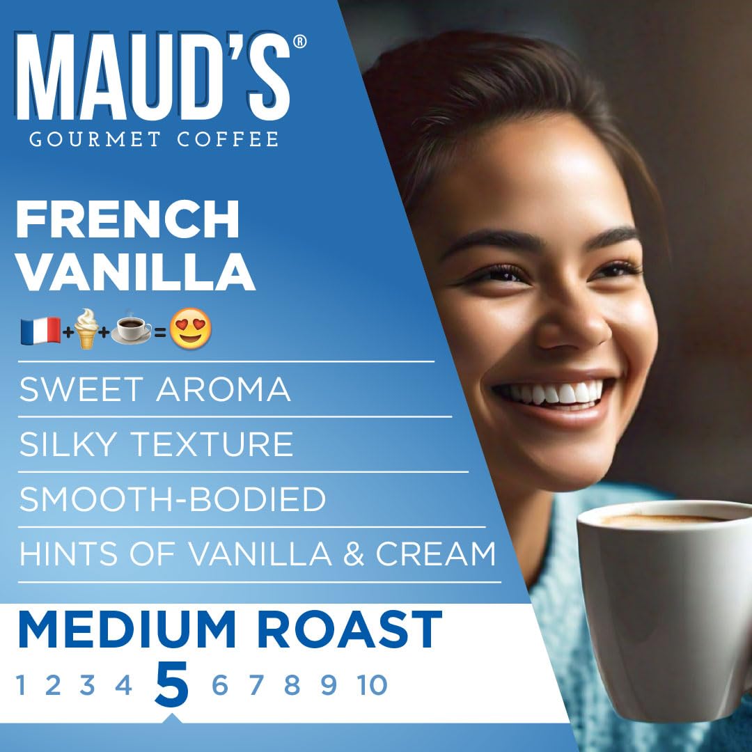 Maud's French Vanilla Coffee Pods, 100 ct, Medium Roast Coffee in Recyclable Single Serve Pods – 100% Arabica Coffee, Compatible with Keurig K Cups Maker