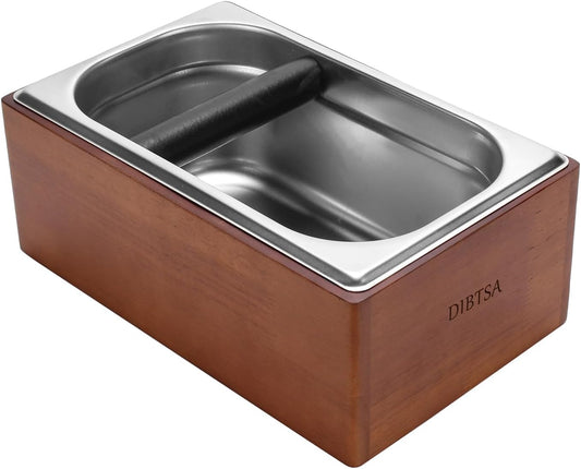 Knock Box Espresso, Coffee knockbox with Rubber Knock Bar and Anti-slip Pad, Commercial Use Large Capacity, Stainless Steel and Wooden, Espresso Accessory