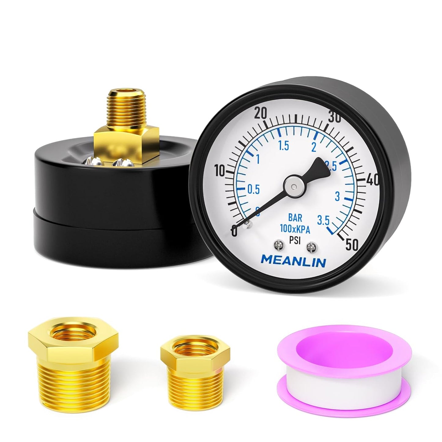 MEANLIN MEASURE 0-50Psi 2" DIAL FACE 1/8" NPT Well Pump Pressure Gauge, with 1/4" NPT and 3/8" NPT Hex Bushing, 3-2-3% Accuracy, Center Back Mount