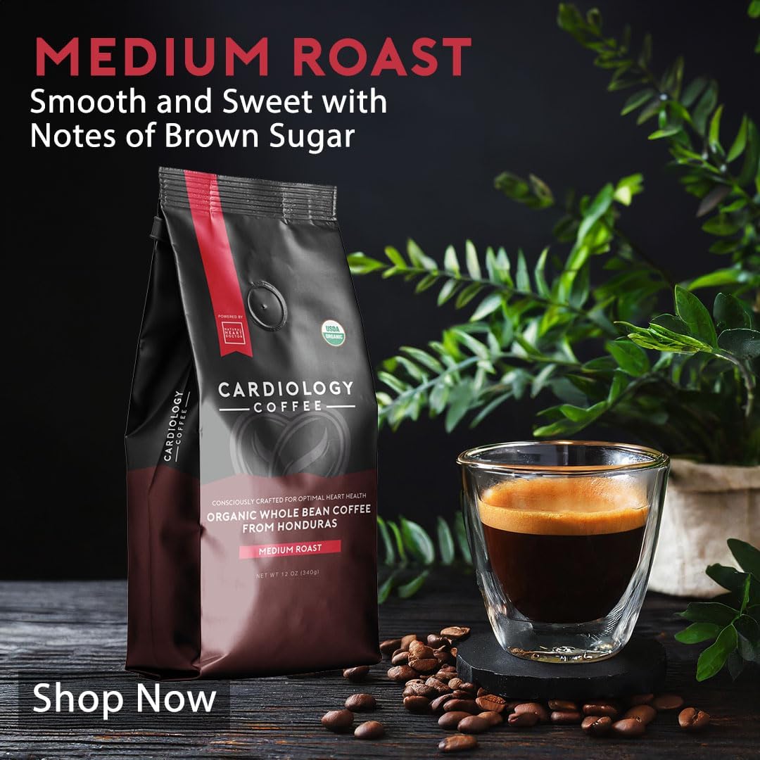 Cardiology Coffee – Whole Bean Coffee – USDA Certified Mold-Free 12oz Premium Medium Roast Organic Coffee Beans with Antioxidant Benefits – Perfect for Heart Healthy Lifestyle