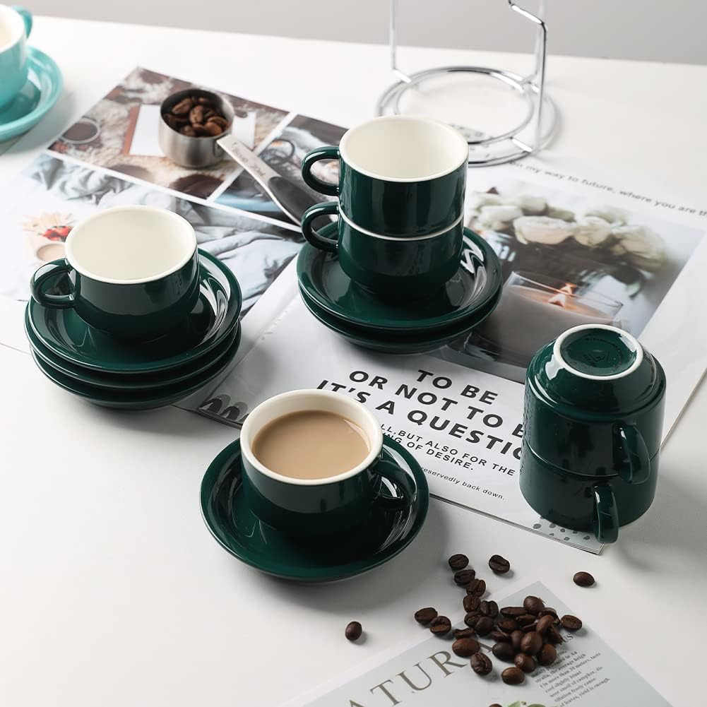 Sweejar Porcelain Espresso Cup & Saucer Set, Stackable Demitasse Cups with Metal Stand, 2.5 OZ for Latte,Coffee,Cafe Mocha,Tea, Set of 6 (Black)