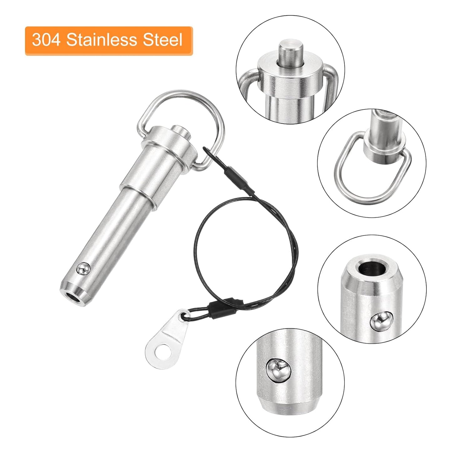uxcell 2 Pcs Quick Release Pin, 1/2" x 2"(Dia. x L) Push-Button Ball Locking Pin 304 Stainless Steel Ring Handle Locking Pin with Wire for Audio Bimini Top Marine, Silver