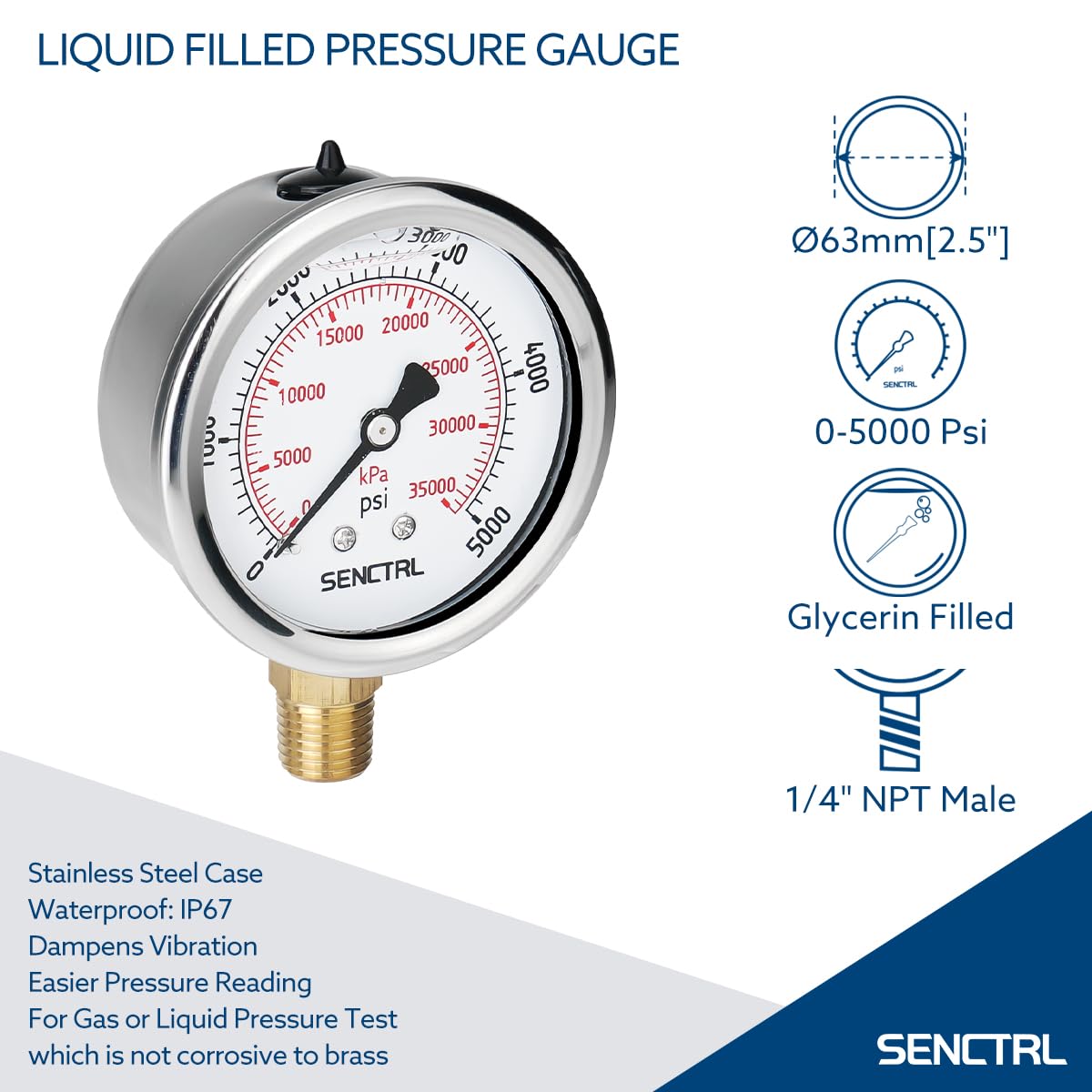 SENCTRL 5000 Psi Glycerin Liquid Filled Hydraulic High Pressure Gauge, 2.5" Dial Size, 1/4" NPT Lower Mount, Stainless Steel Case, for Air Gas Water Oil Pressure Test