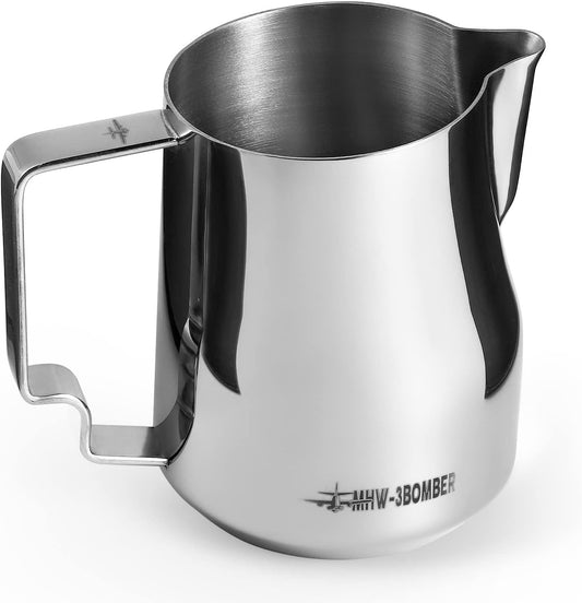 MHW-3BOMBER Milk Frothing Pitcher 450ml/15.2oz Milk Frother Cup Espresso Steaming Pitcher Stainless Steel Milk Frother Cup Barista Latte Art Round Spout Milk Jug P6001S-OS