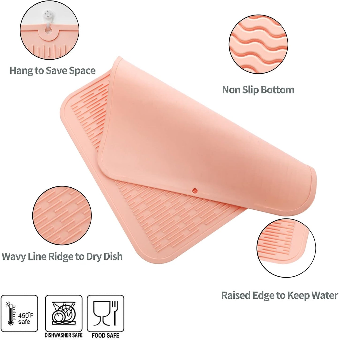 Silicone Dish Drying Mat for Multiple Usage,Easy clean,Eco-friendly,Heat-resistant Silicone Mat for Kitchen Counter or Sink,Refrigerator or Drawer Liner Pink 2XL 24 inches x 18 inches