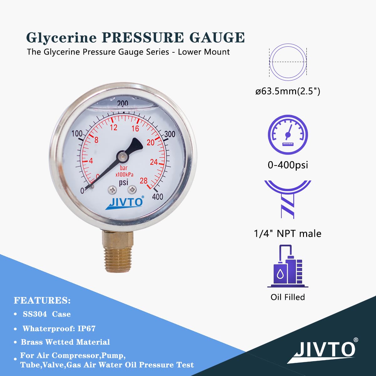 Pressure Gauge,Glycerin Liquid Filled,2.5" Dual Scale Dia,0-400 psi/bar/kpa,1/4" NPT Male Brass Connection,Lower Mount, Stainless Steel Case,for Pneumatic,Pump,Hose,Well Tank,Gas Air Water Oil