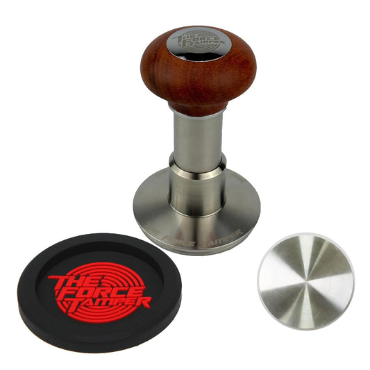 The Force Tamper Automatic Impact Adjustable Constant Pressure and Autoleveling Coffee Tamper Reddish Brown Jellyfish Wooden Handle Set Pro (Standard Set, 53.50mm)