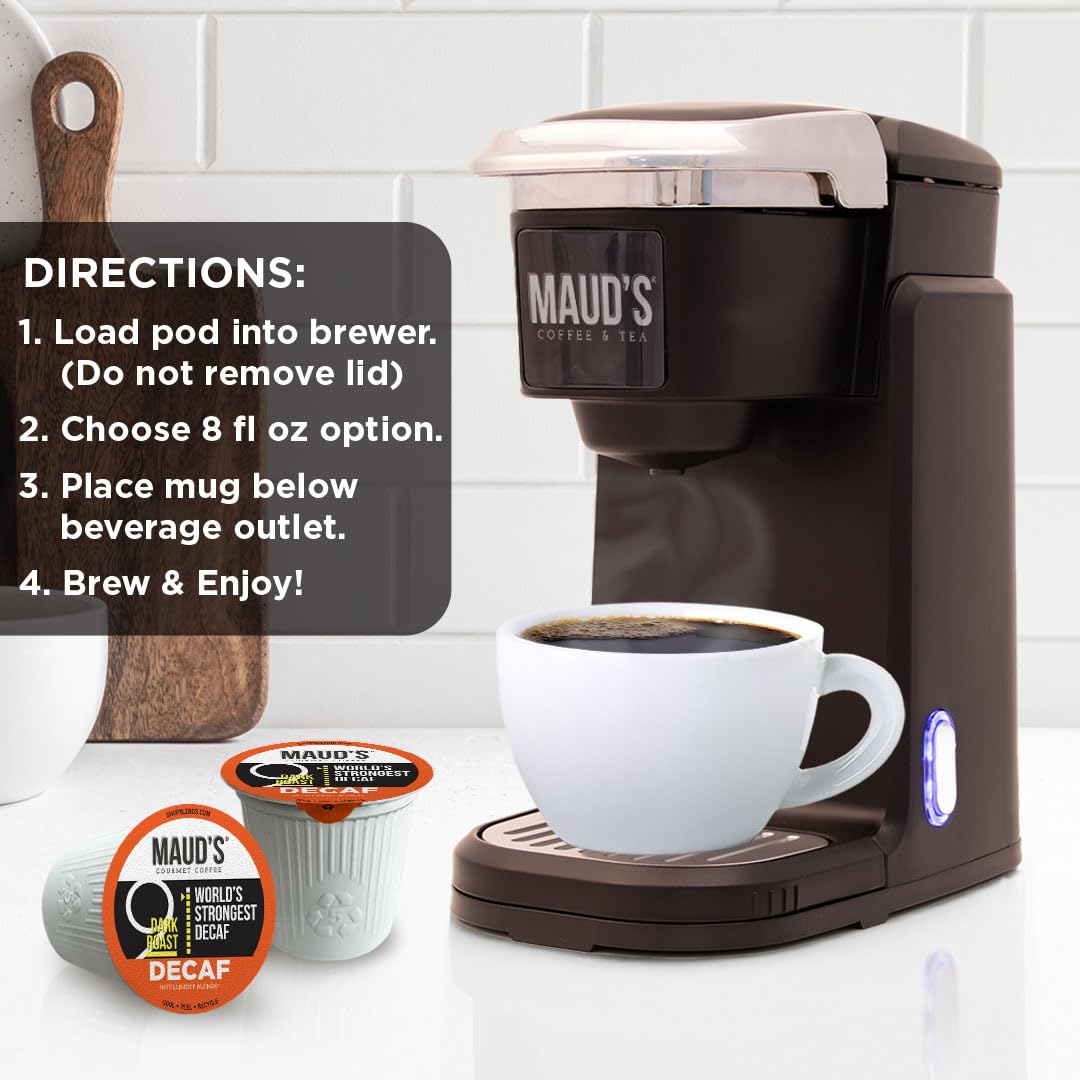Maud's World's Strongest Decaf Coffee Pods, 18 ct, Decaffeinated Dark Roast Coffee in Recyclable Single Serve Pods – 100% Arabica Coffee, Compatible with Keurig K Cups Maker