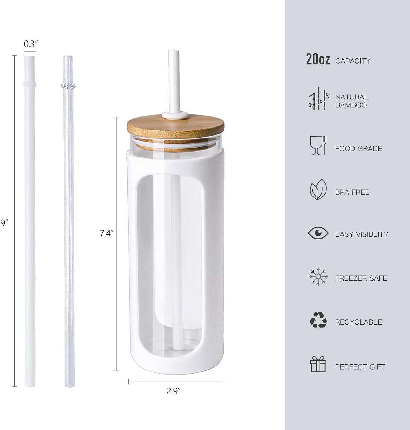 Kodrine 20oz Glass Water Tumbler with Straw and Lid, Bamboo Lids Water Bottle, Iced Coffee Cup Reusable, Wide Mouth Smoothie Cups with Protective Silicone Sleeve BPA FREE-White