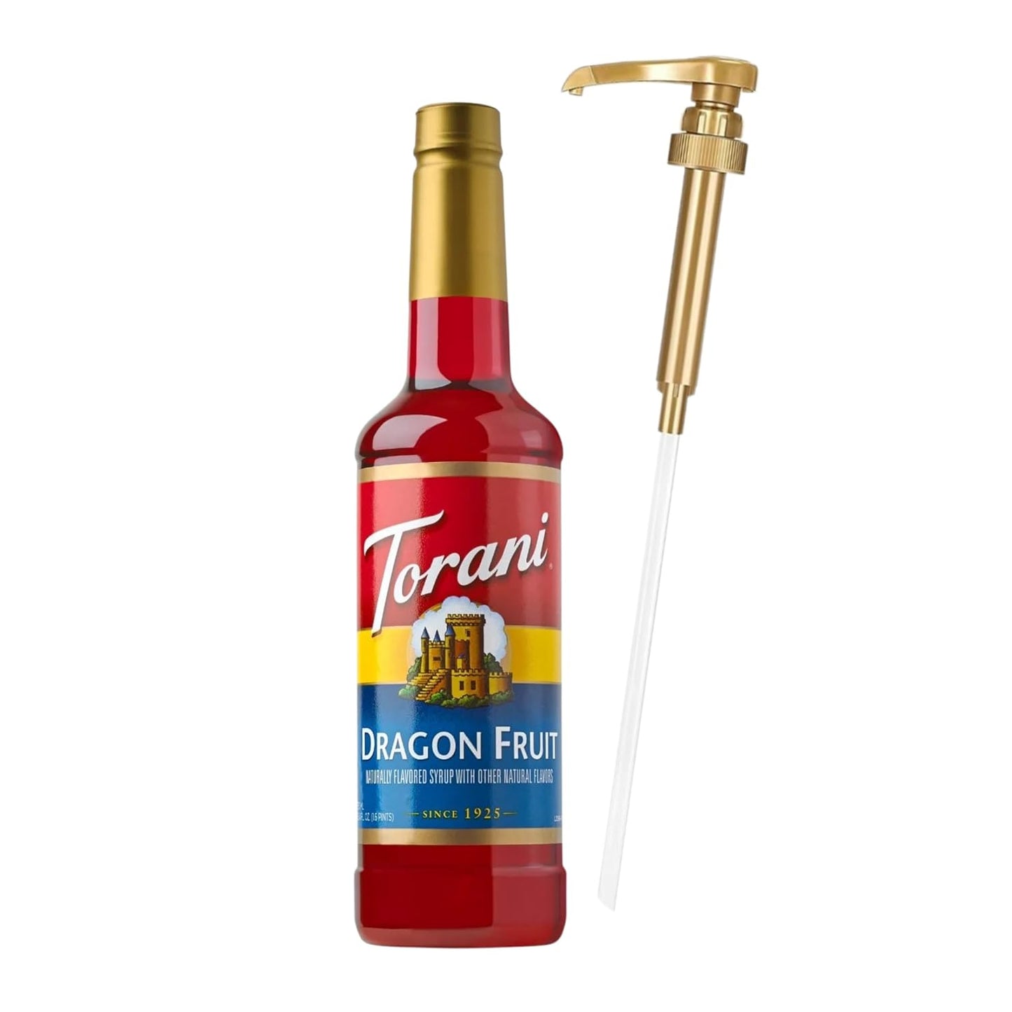 Jimoco® Syrup Pump Dispenser + Torani® Dragon Fruit Syrup, 25.4 oz - Coffee Syrup Pump & Flavoring Bundle