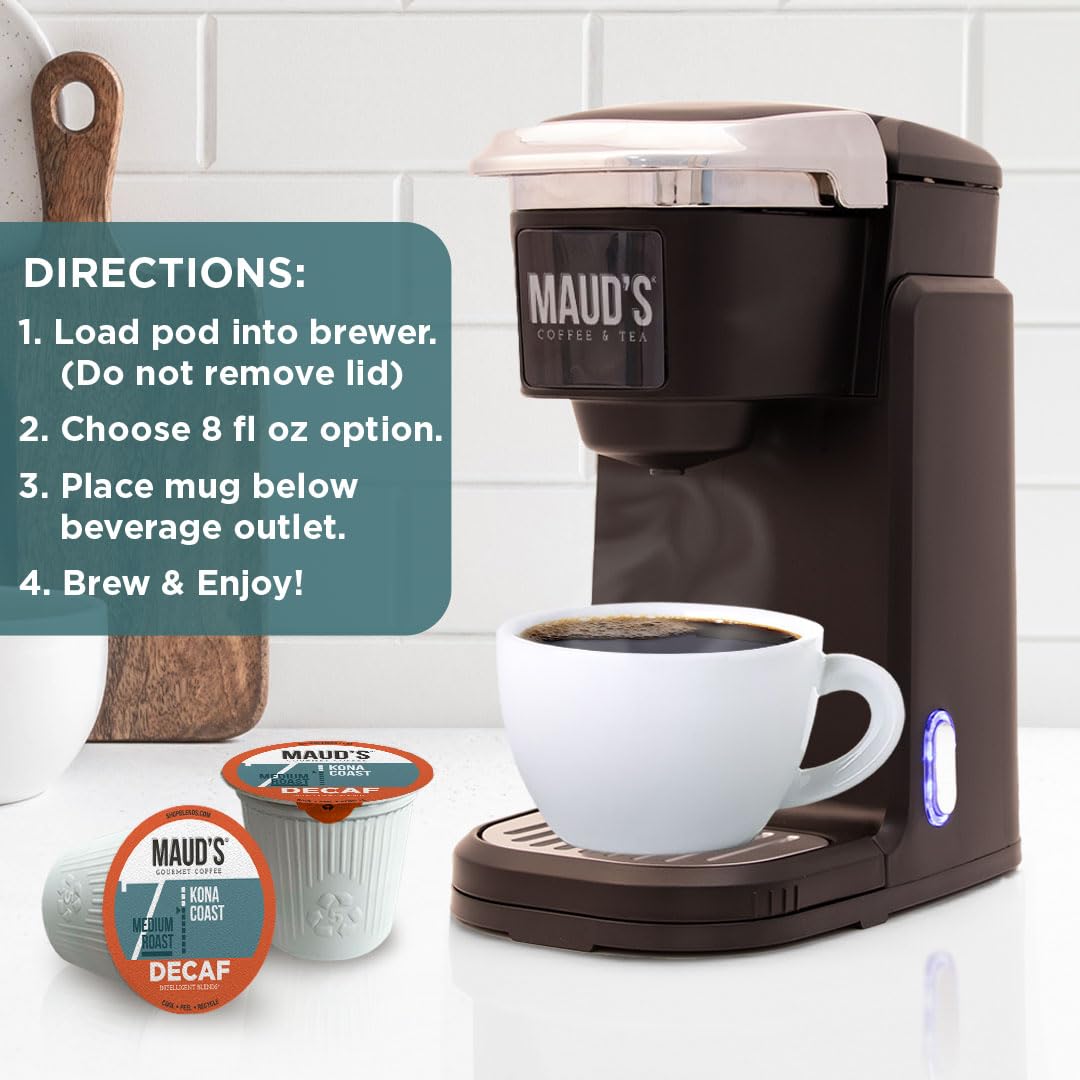Maud's Decaf Kona Coffee Pods, 36 ct, Decaffeinated Medium Roast Coffee in Recyclable Single Serve Pods – 100% Arabica Coffee, Compatible with Keurig K Cups Maker