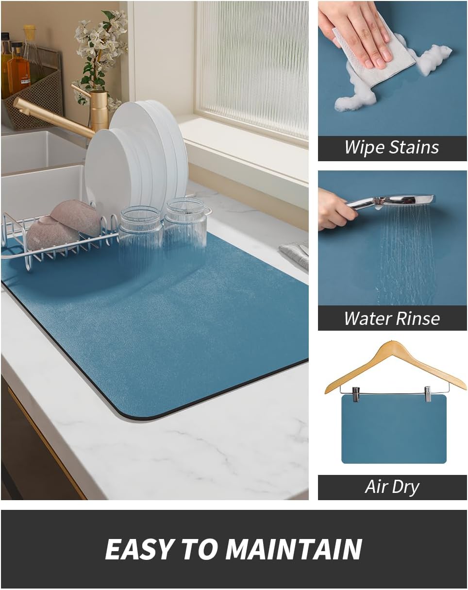 AMOAMI-Coffee Mat Hide Stain Rubber Backed Absorbent Dish Drying Mat for Kitchen Counter-Coffee Bar Accessories Fit Under Maker Machine Pot Espresso Machine Dish Rack Blue