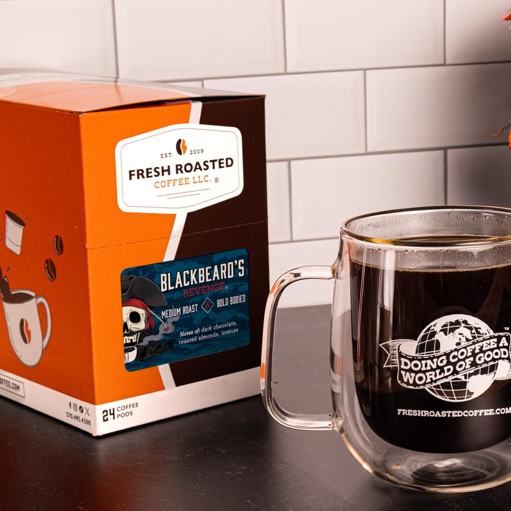 Fresh Roasted Coffee, Blackbeard's Revenge, Medium Roast, 24 Pods for K Cup Brewers