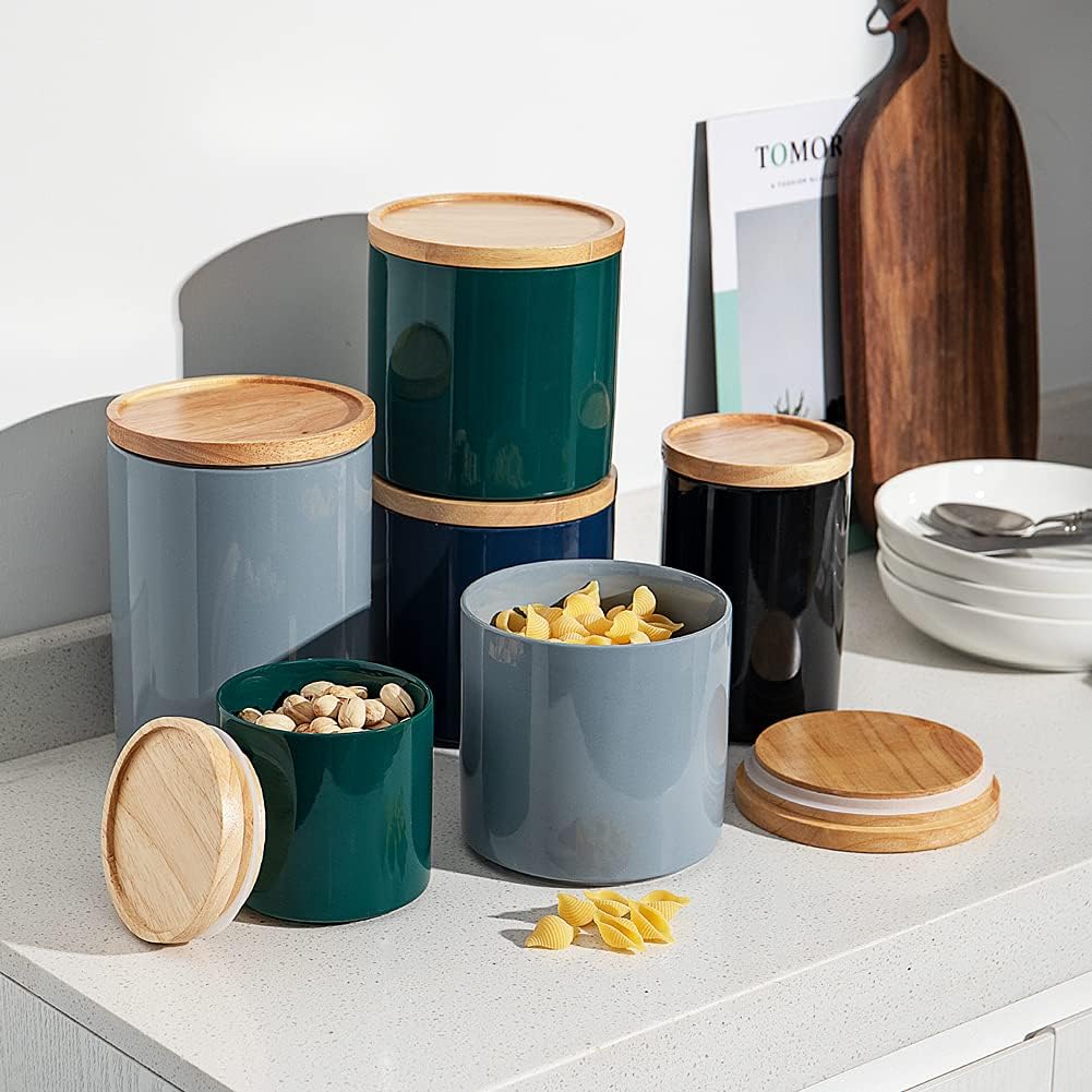 Sweejar Kitchen Canisters Ceramic Food Storage Jar, Stackable Containers with Airtight Seal Wooden Lid for Serving Coffee Bean, Flour, Tea, Spice and More - 39 Fl Oz (Navy)
