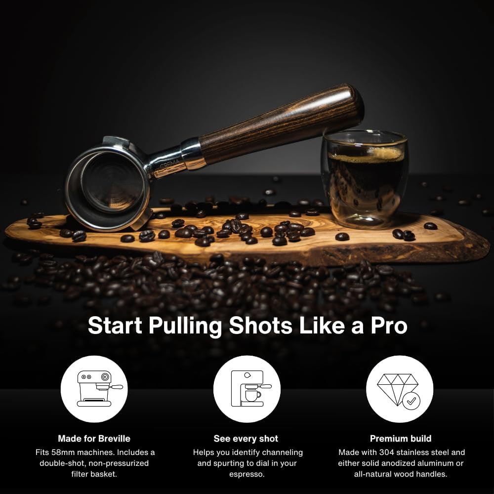 Crema Coffee Products 58mm Bottomless Naked Portafilter | Compatible with 58mm Breville Machines | Includes Double Shot Filter Basket | Sandalwood
