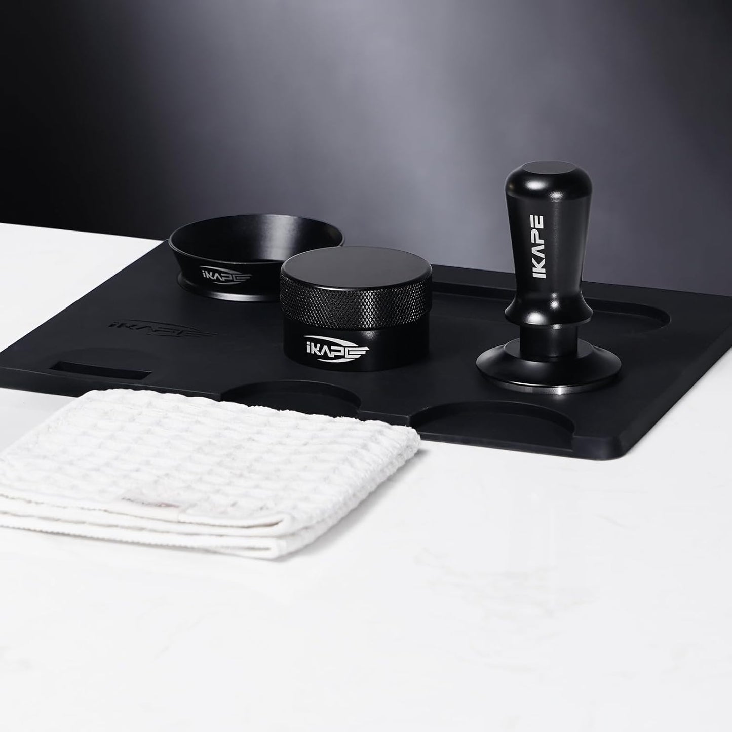 IKAPE 51MM Espresso Tamper Kit Black 6 IN 1, Espresso Accessories Kit Featuring Coffee Tamper, Distributor, Magnetic Dosing Funnel, Silicone Mat, Puck Screen, Cleaning Towel