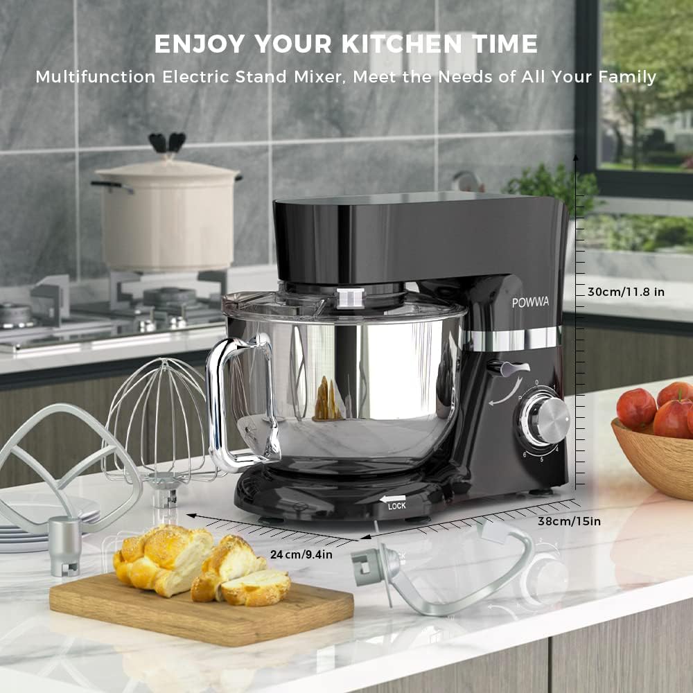 Stand Mixer, POWWA 6.5 Quart Electric Mixer, 6+1 Speed 660W Tilt-Head Kitchen Food Mixers with Whisk, Dough Hook, Mixing Beater & Splash Guard for Baking, Cake, Cookie, Kneading, ETL Certified (Black)