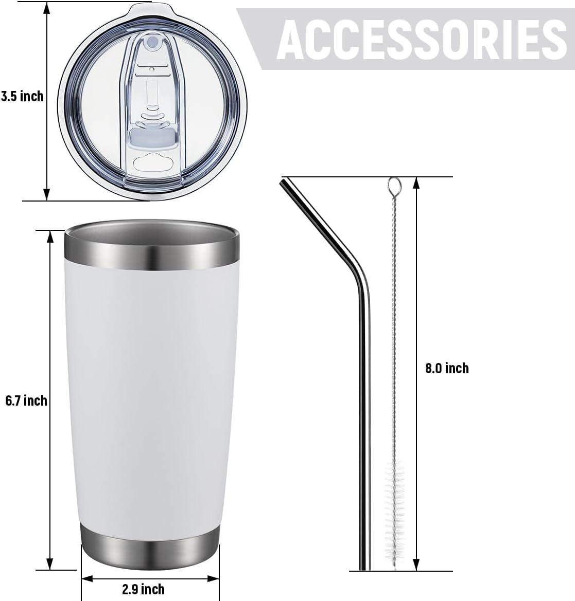 COMOOO 20oz Double Wall Vacuum Insulated Travel Mug, Stainless Steel Tumbler with Lid and Straw Durable Powder Coated Insulated Coffee Cup for Cold & Hot Drinks (White. 2 pack