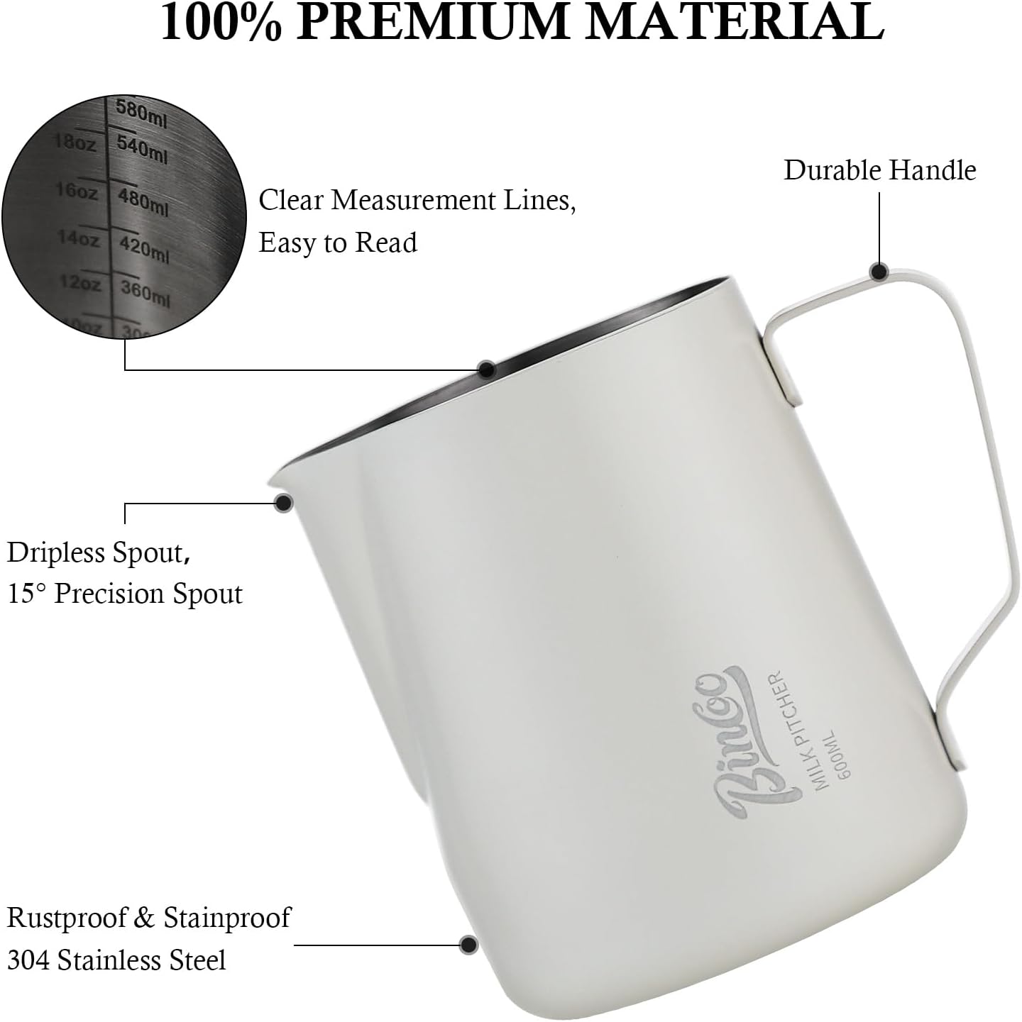 Milk Frothing Pitcher - 350ml Milk Frother Cup for Latte Art, SUS 304 Stainless Steel, Barista-Grade Coffee Milk Jug with Measurement Markings & Precision Spout