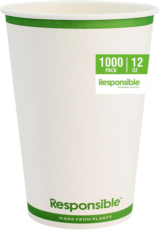 12 oz Paper Hot Cups, Tree-Less™ Compostable Paper Coffee Cups, Extra Strength, Tree-Free and Made Without PFAS, White (1000 Count)