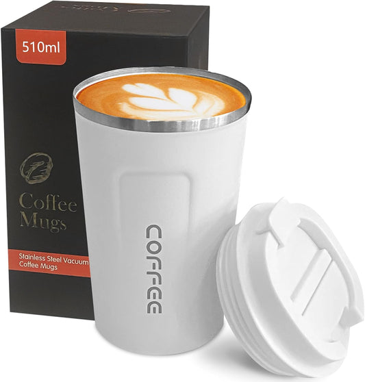 YINBAOGE Insulated Travel Coffee Mug Spill Proof Leak Proof Pobtable To Go Camping Stainless Steel Coffee Tumbler Reusable Coffee Cups with Lids Thermos for Hot and Cold Drink (2nd-White, 17 OZ)
