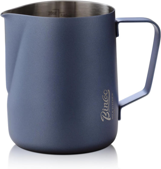 Milk Frothing Pitcher - 350ml/12oz Milk Frother Cup Espresso Steaming Pitcher for Barista, Bincoo SUS304 Stainless Steel Espresso Steaming Pitchers for Latte Art/Cappuccino/Coffee (Dark-Blue-350ml)
