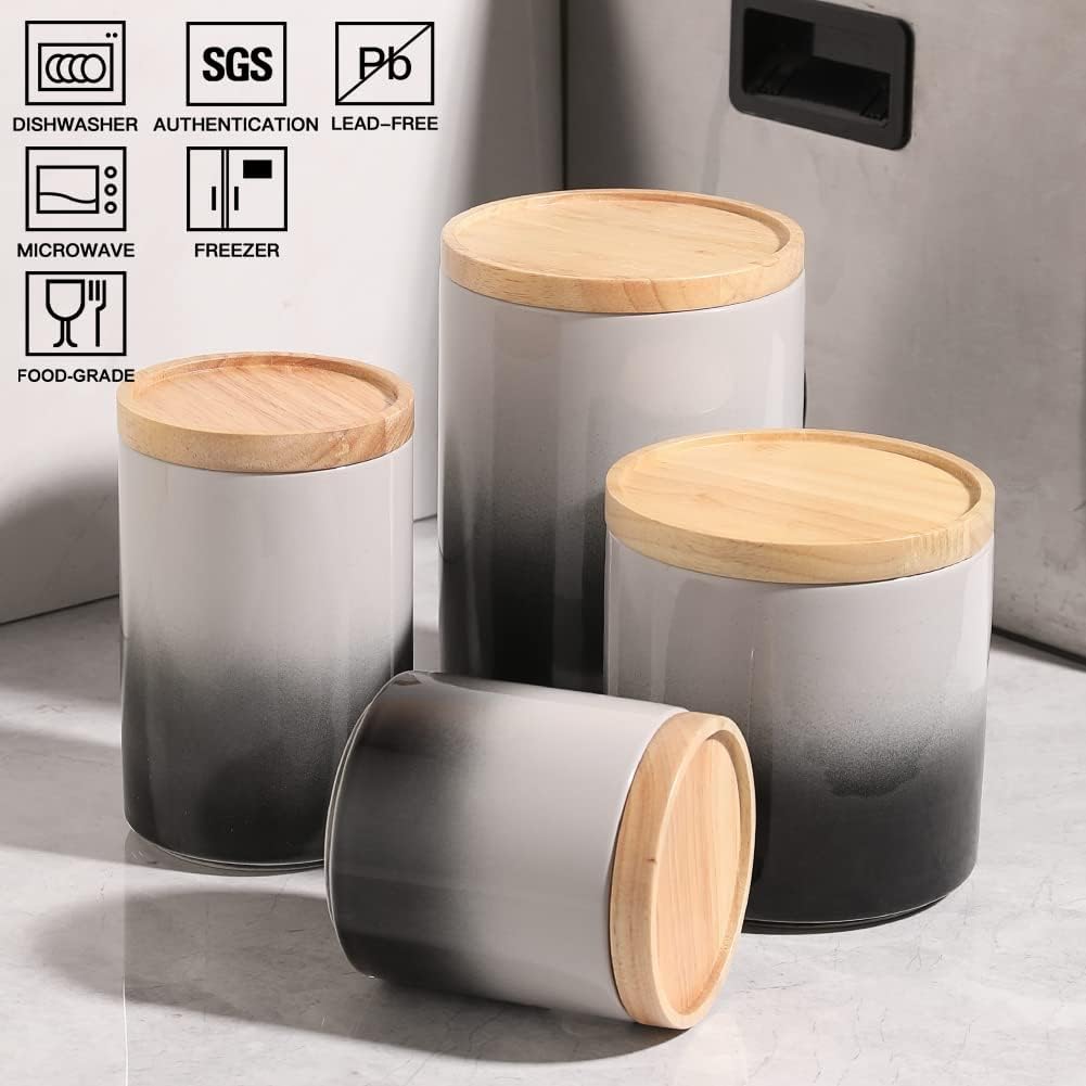 Sweejar Ceramic Food Storage Jar, Stackable Kitchen Canisters, Containers with Airtight Seal Wooden Lid for Serving Ground Coffee, Tea, Sugar, Salt and More - 28 Fl Oz (Gradient Gray)