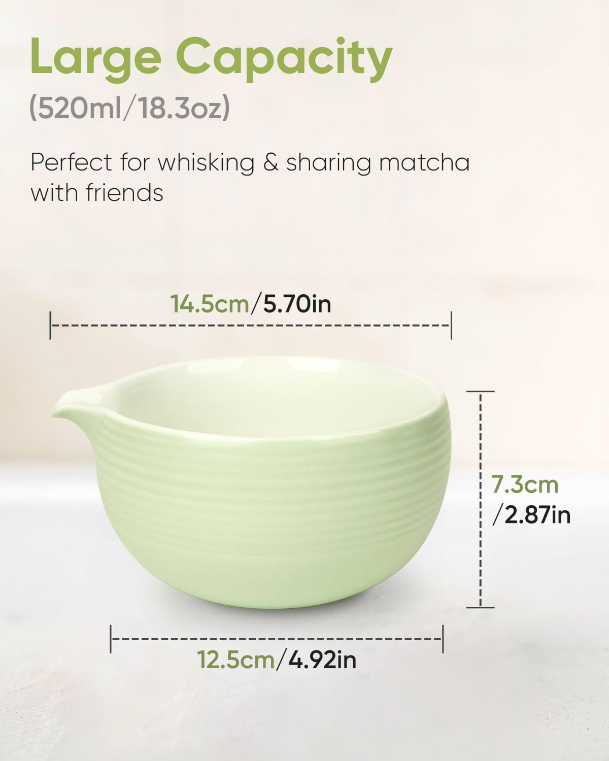 Matcha Bowl and Whisk Holder Set, Ceramic Tea Bowl and Whisk Stand, Matcha Tea Mixing Bowl with Spout (18 Ounce), Whisk Rest, Light Green