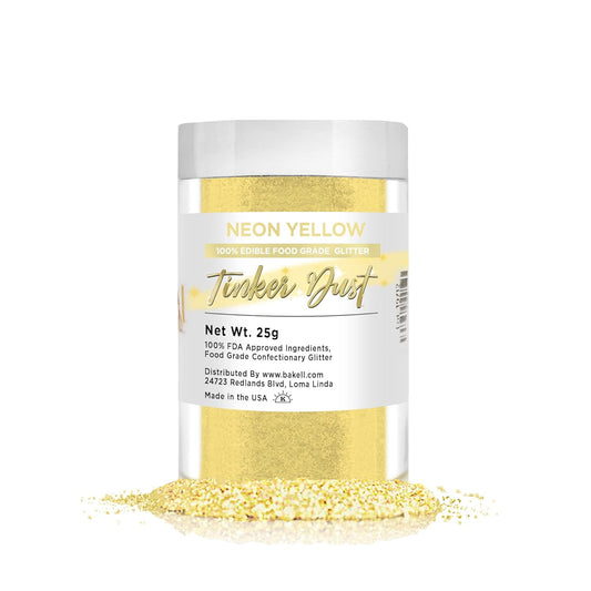 BAKELL Neon Yellow Edible Glitter, 25 Grams | TINKER DUST Edible Glitter | KOSHER Certified | 100% Edible Glitter | Cakes, Cupcakes, Cake Pops, Drinks, Dessert Vegan Glitter & Dusts (25g, Neon Yellow)