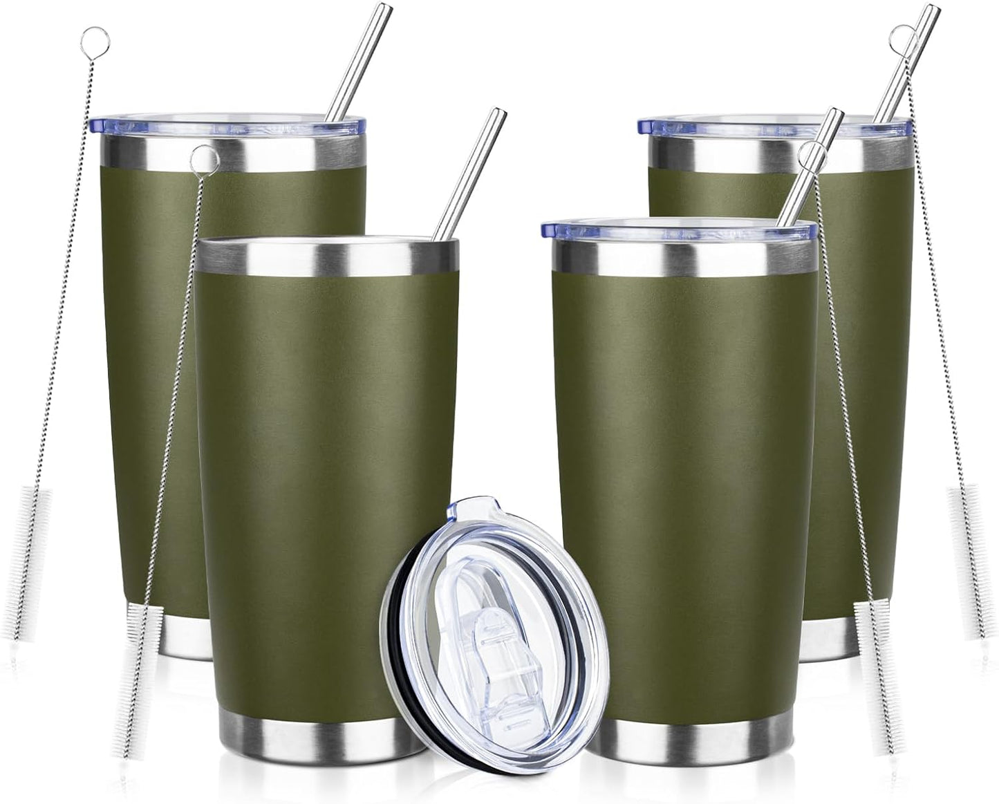 20oz Tumbler Bulk with Lid and Straw, Stainless Steel Double Wall Vacuum Insulated Travel Mug, Powder Coated Coffee Cups for Hot and Cold Drinks,Funny Gifts for Women Men(Navy Green,4)