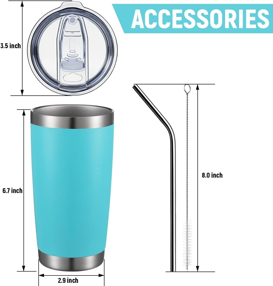 COMOOO 20oz/8Pack Tumbler Double Wall Vacuum Insulated Travel Mug, Stainless Steel Tumbler Bulk with Lid and Straw Insulated Coffee Cup for Cold & Hot Drinks (Light Blue, 8 Pack)