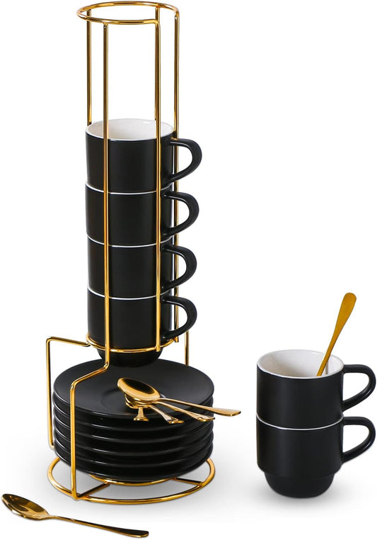 Lareina Porcelain 3-Ounce Espresso Cups Set of 6, Small Stackable Coffee Cups with Saucers, Spoons and Metal Stand - Ceramic Demitasse Mugs, Double Shots Expresso Cup, Matte Black