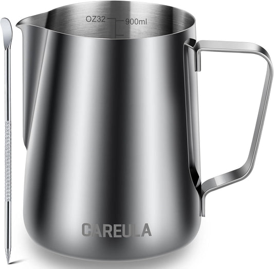 Milk Frothing Pitcher, 32oz Stainless Steel Milk Frother Cup Steaming Pitcher, Coffee Bar Cappuccino Espresso Machine Accessories Barista Tools, Metal Pitcher Milk Jug with Decorating Latte Art Pen