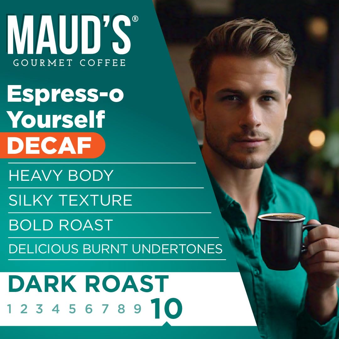 Maud's Decaf Espresso Roast Coffee Pods, 36 ct, Decaffeinated Dark Roast Recyclable Single Serve Pods – 100% Arabica Coffee, Compatible with Keurig K Cups Maker